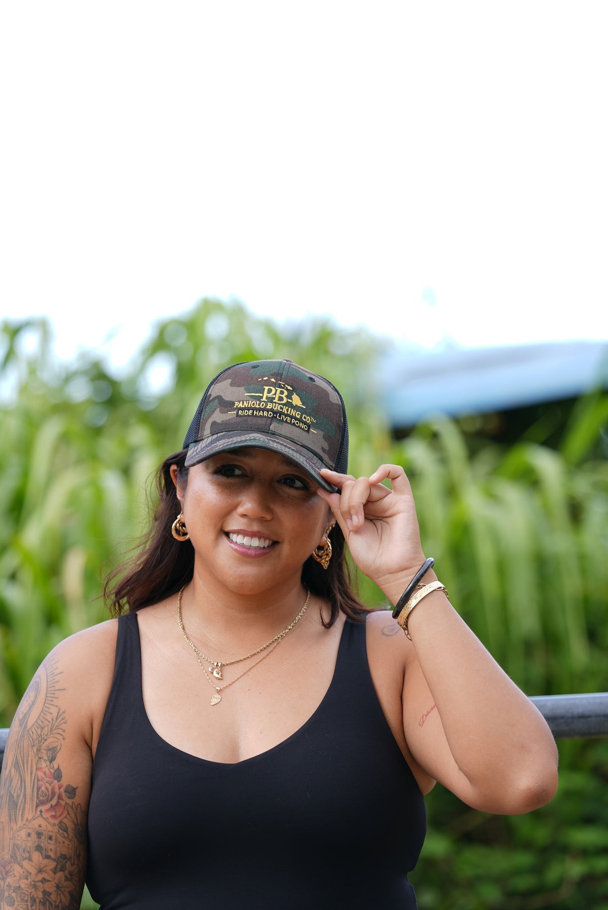 Paniolo Bucking Co. Gold-Embroidered Camo Trucker Hat